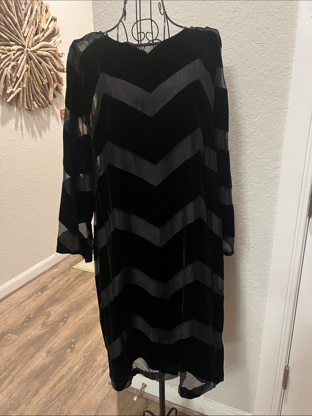 Roz & Ali Black Velvet Chevron Sheer Panel Dress
